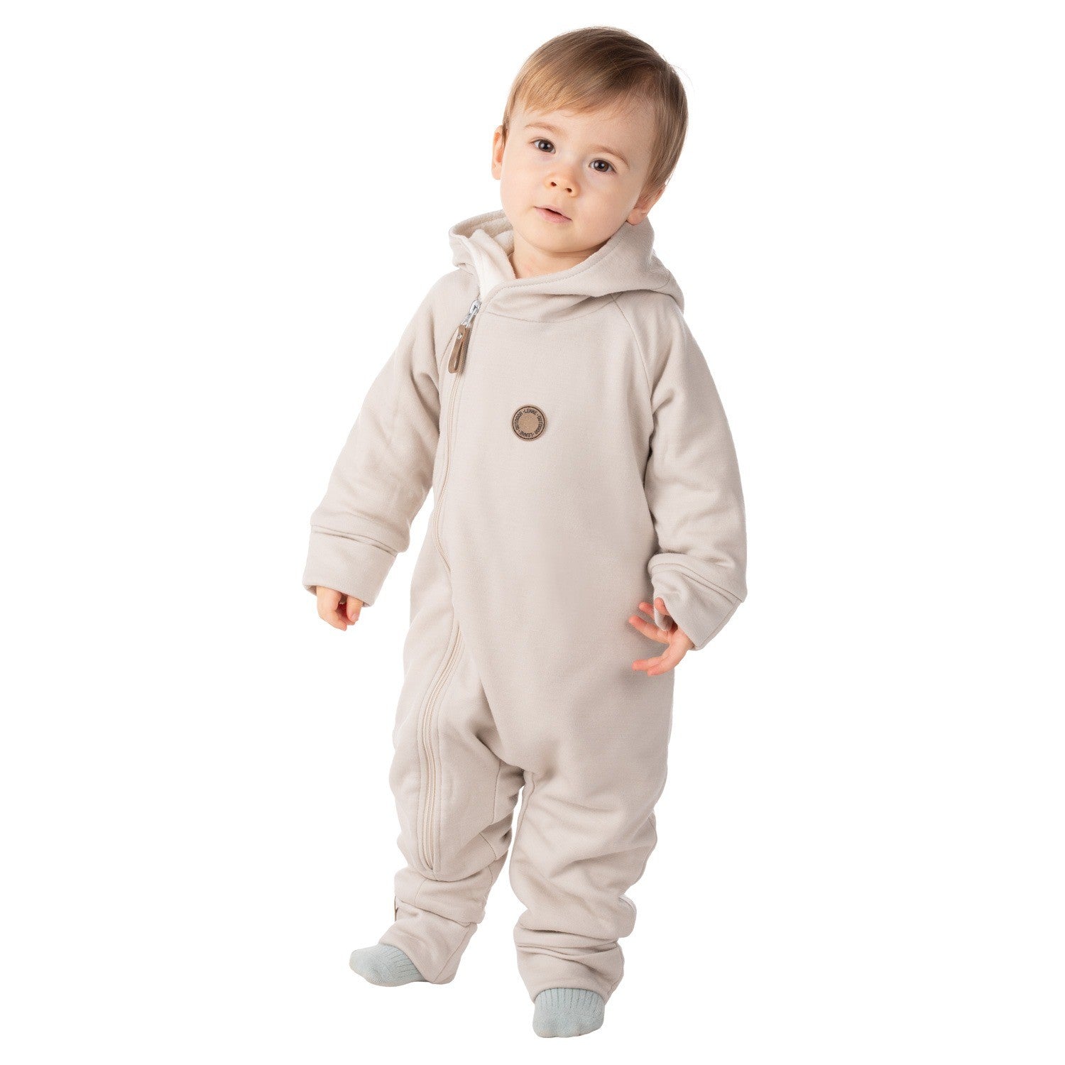 Bear-Ear Cotton-Lined Merino Wool Baby Overall – Beige
