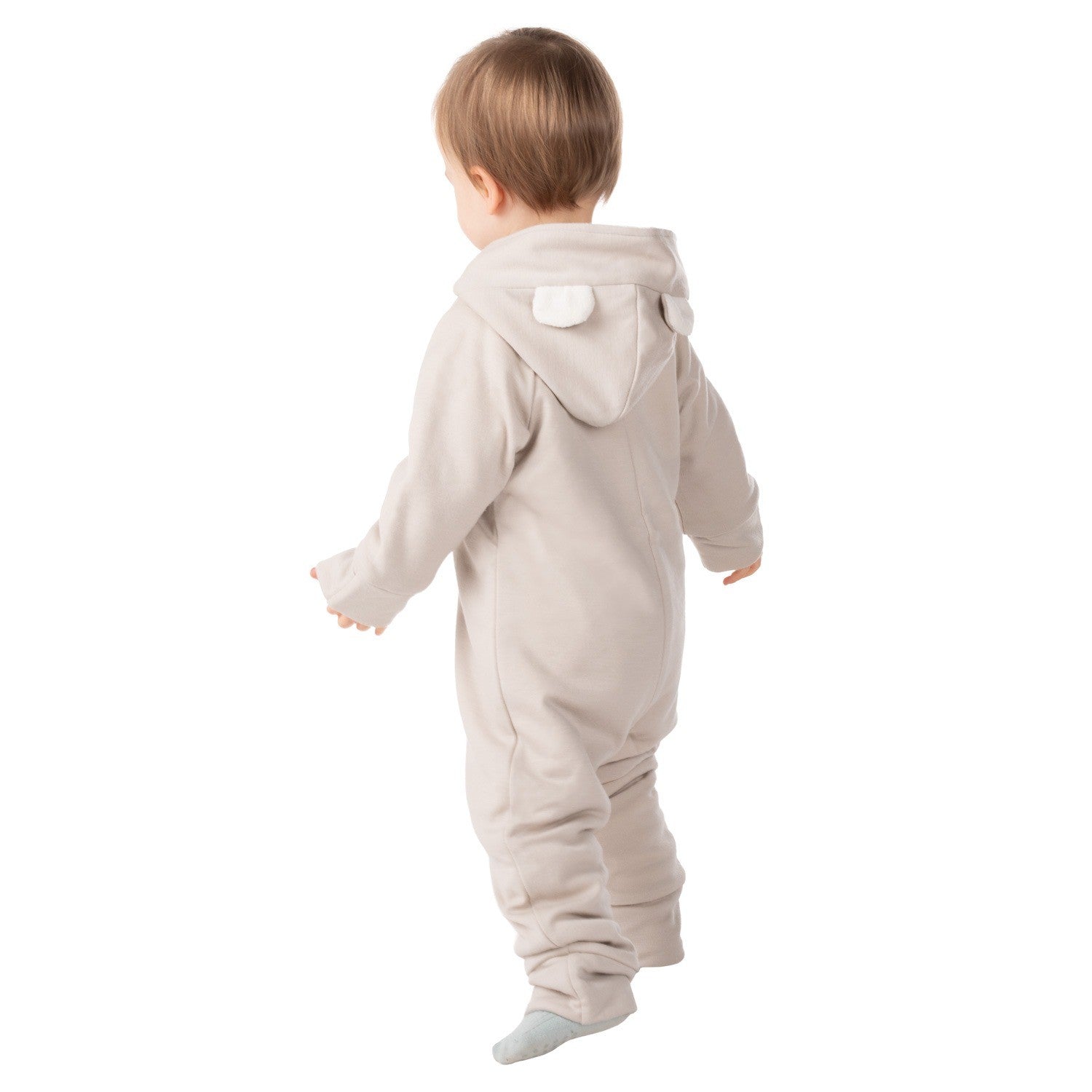 Bear-Ear Cotton-Lined Merino Wool Baby Overall – Beige