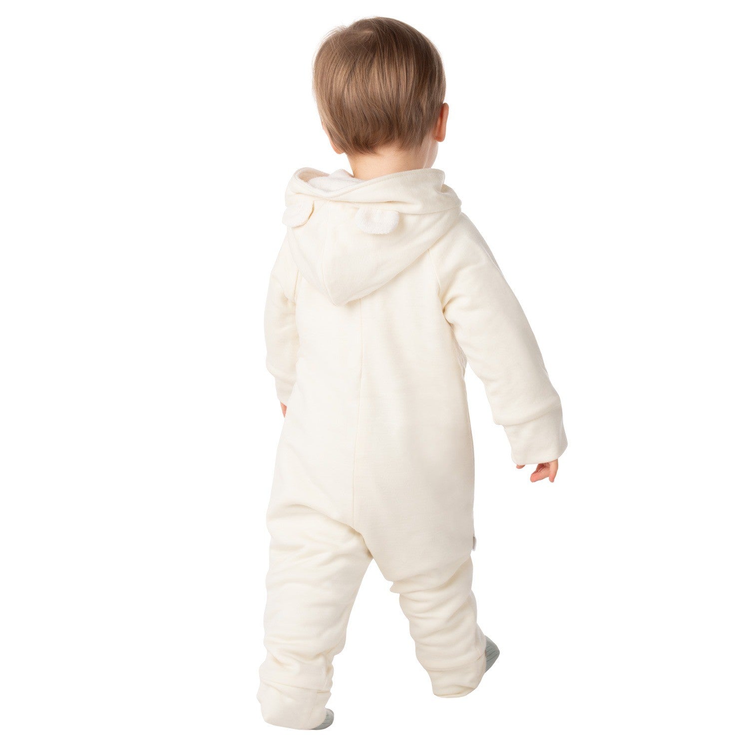 Bear-Ear Cotton-Lined Merino Wool Baby Overall – White
