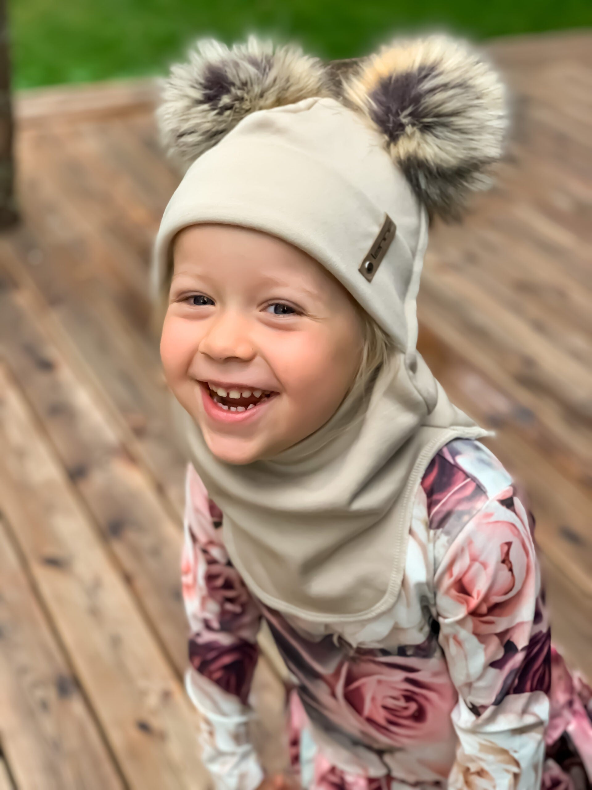 Beige Merino Wool Double Pom-Pom Balaclava