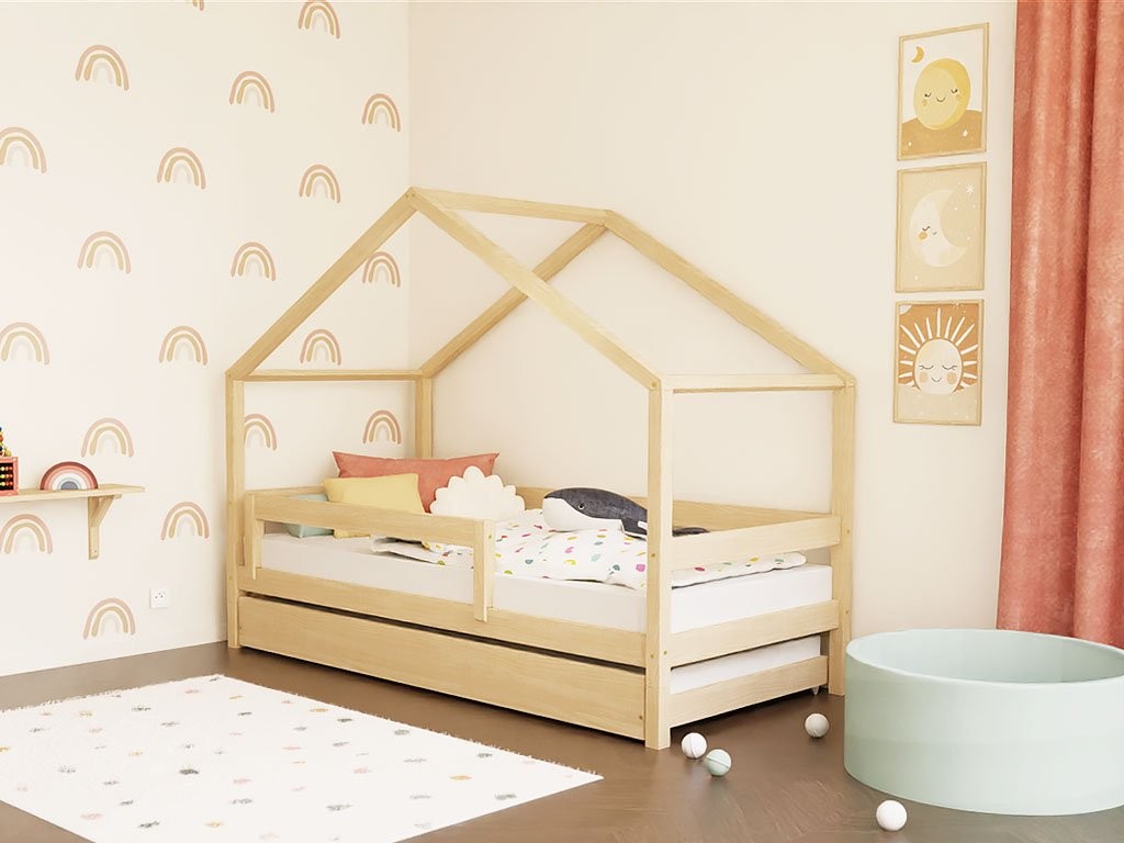 LUCKY House Bed with Front Roof and Safety Rail – 80–90 cm Wide