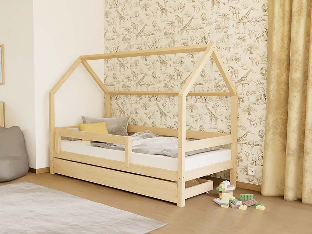 LUCKY House Bed with Side Roof and Front Safety Rail – 80 cm Wide