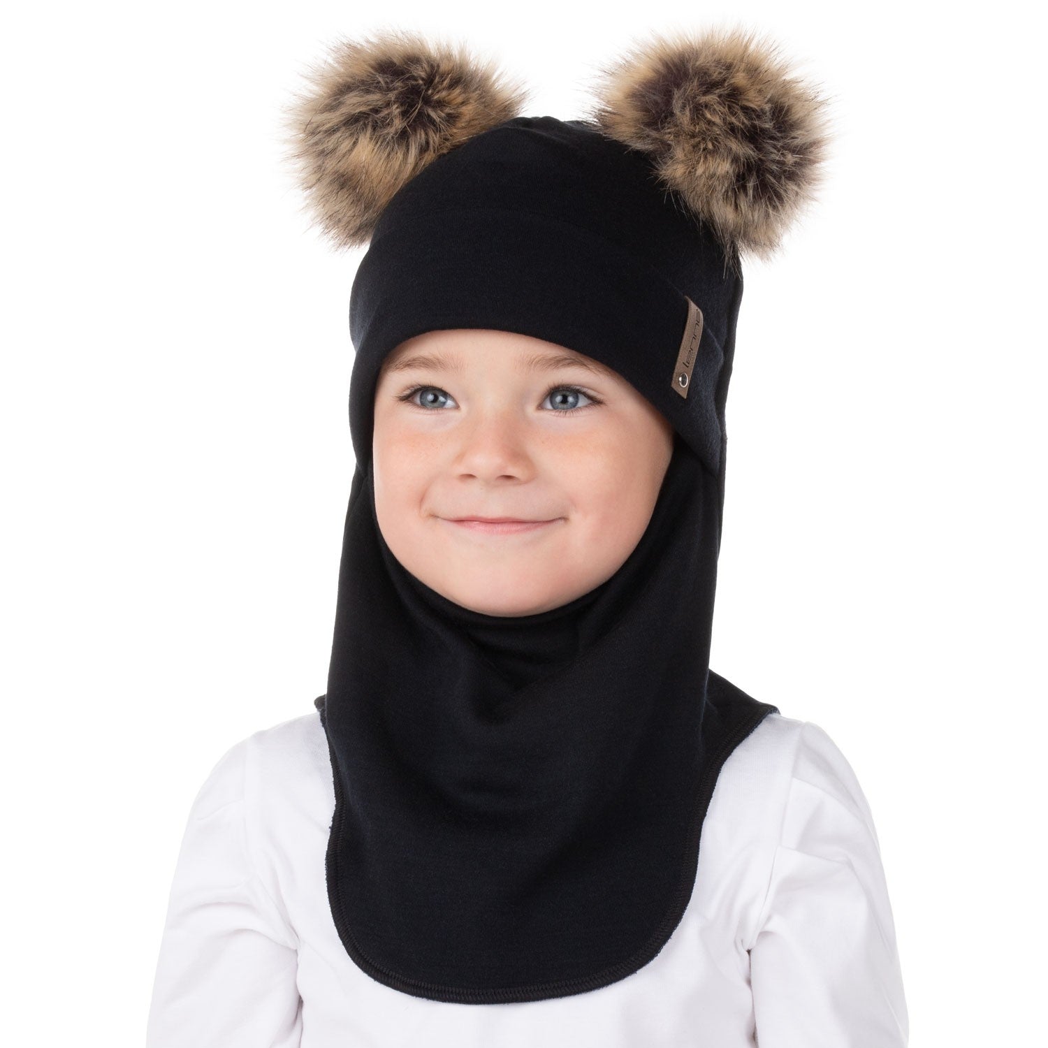 Black Merino Wool Double Pom-Pom Balaclava