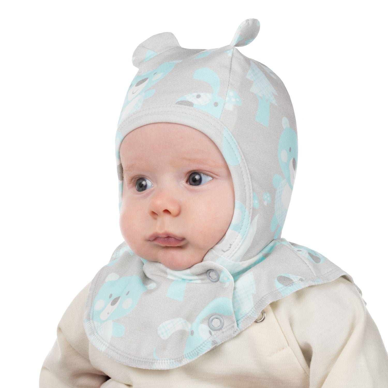 Blue Woodland-Print Cotton Baby Balaclava with Ears