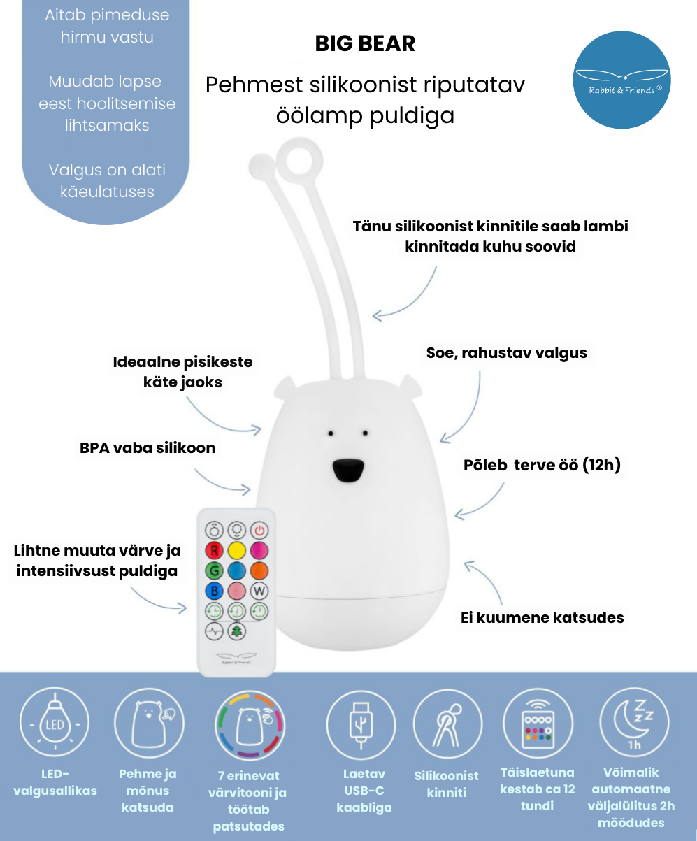 Silikoonist riputatav öölamp puldiga - Valge