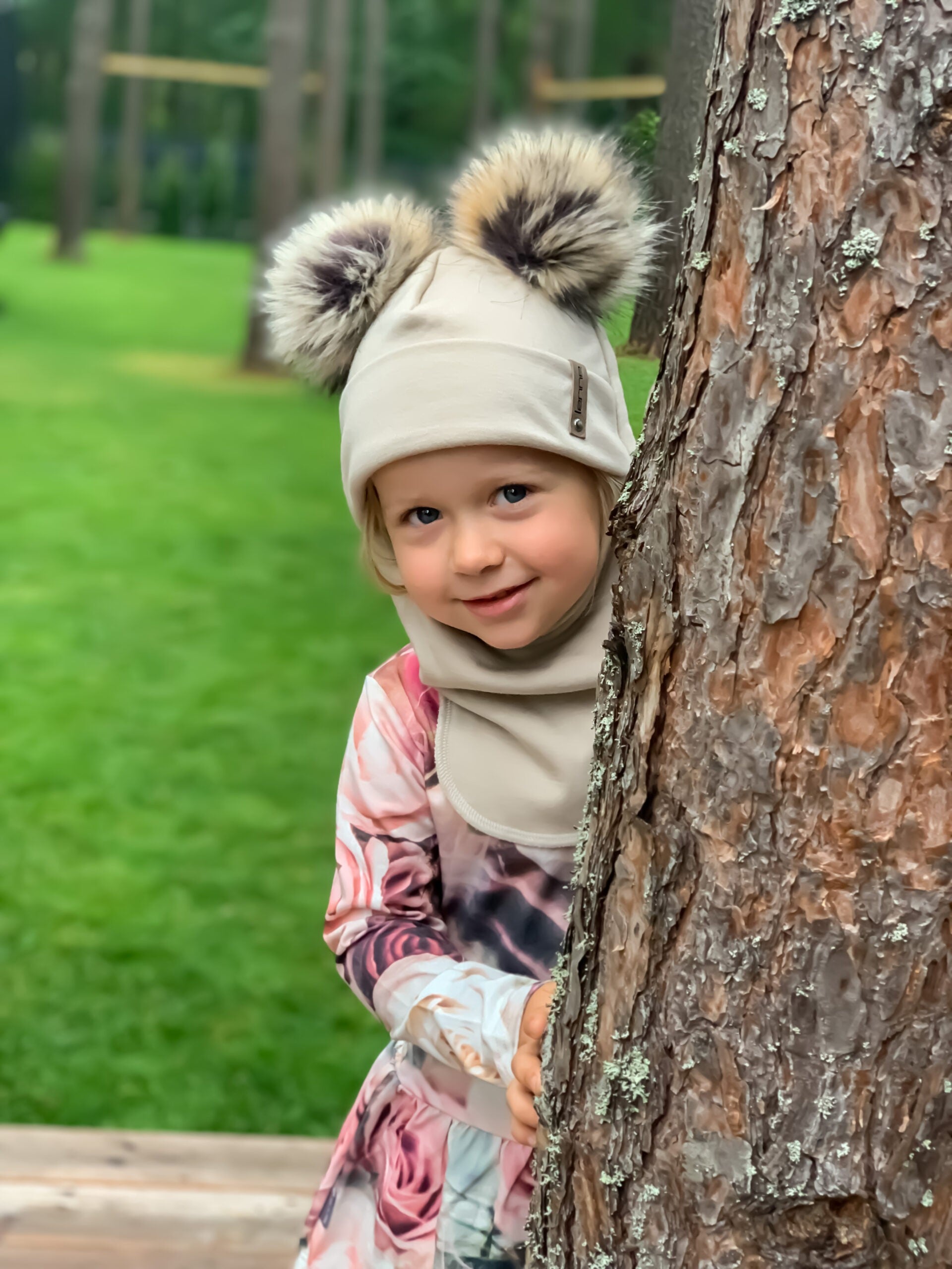 Beige Merino Wool Double Pom-Pom Balaclava