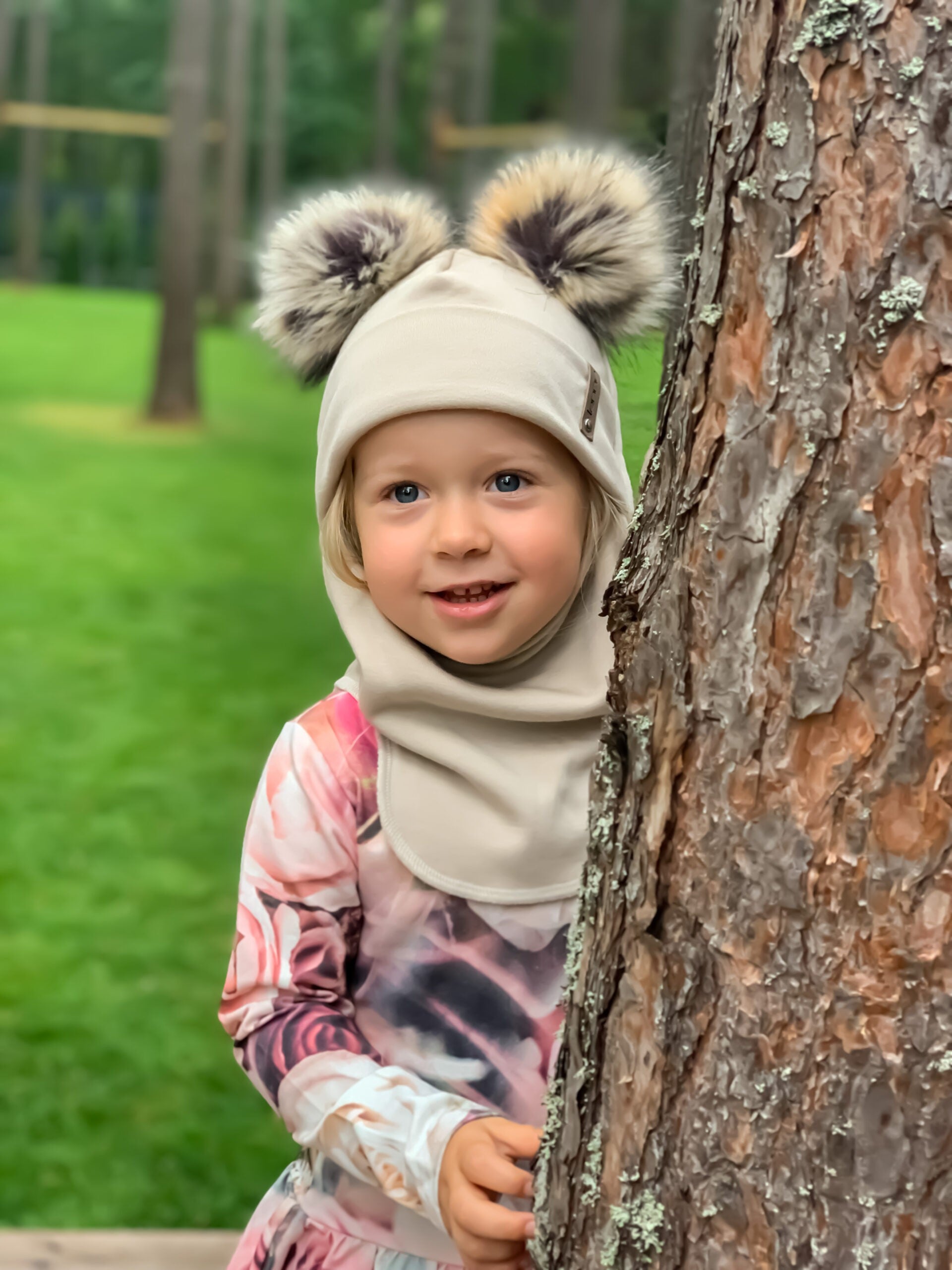 Beige Merino Wool Double Pom-Pom Balaclava