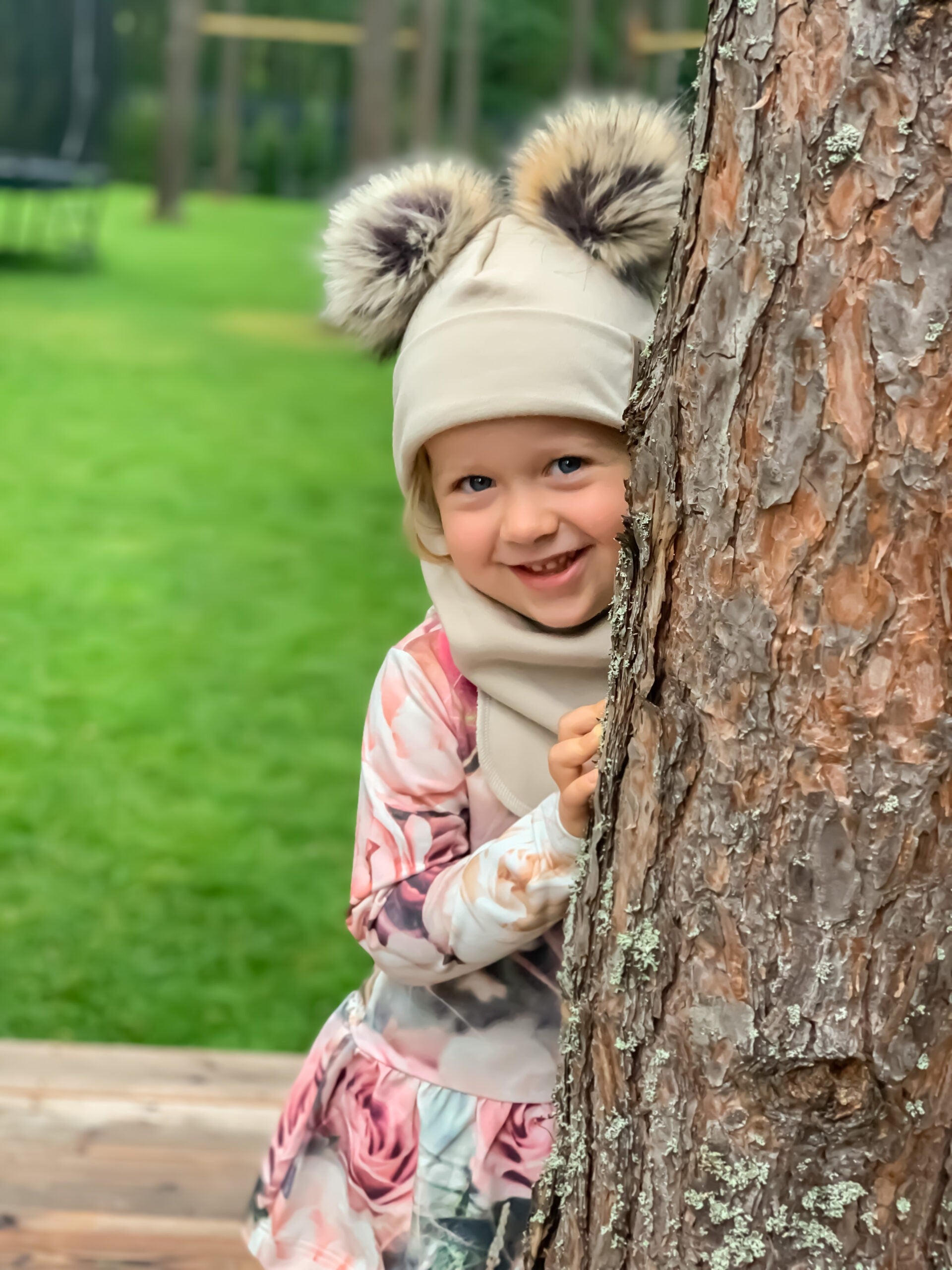 Beige Merino Wool Double Pom-Pom Balaclava