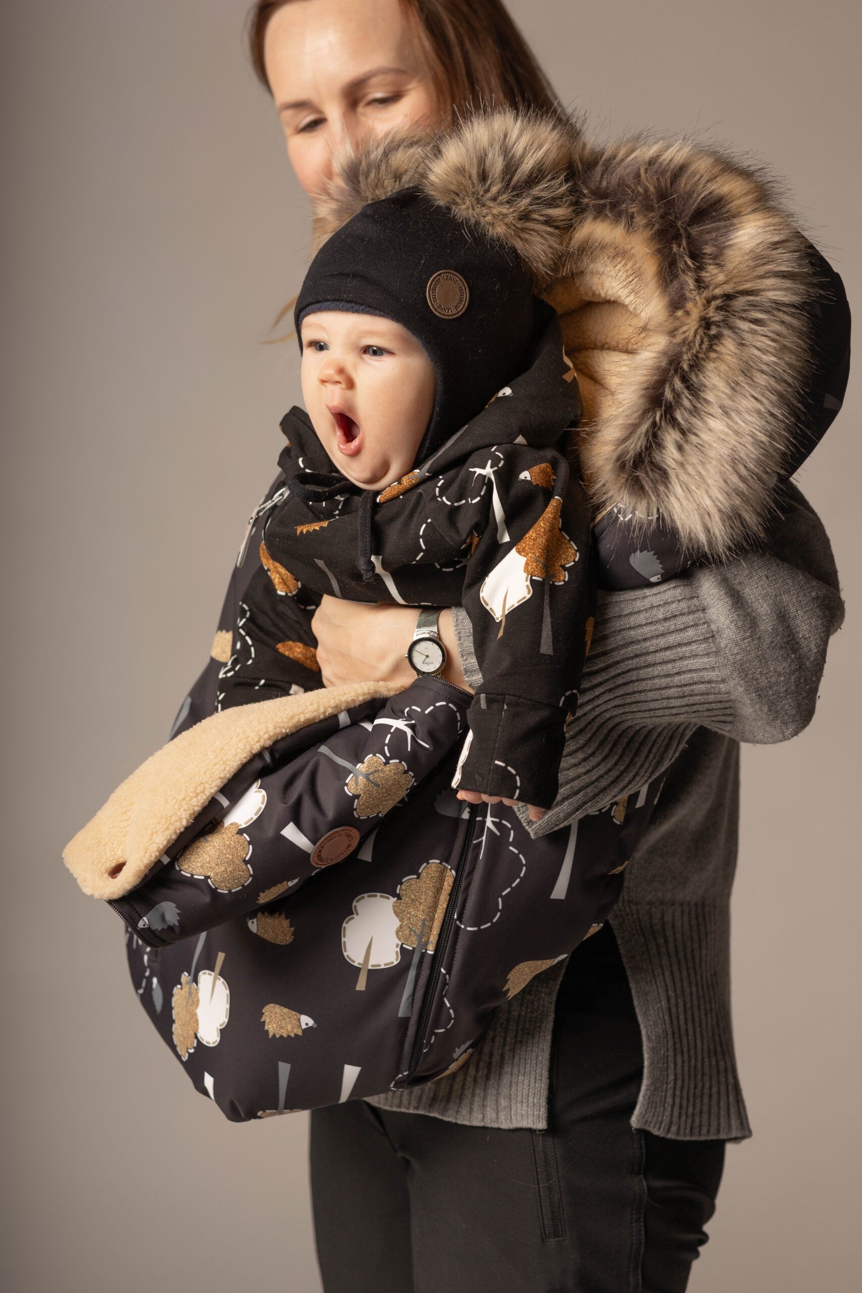 Black Merino Wool Baby Hat with Faux-Fur Pompoms