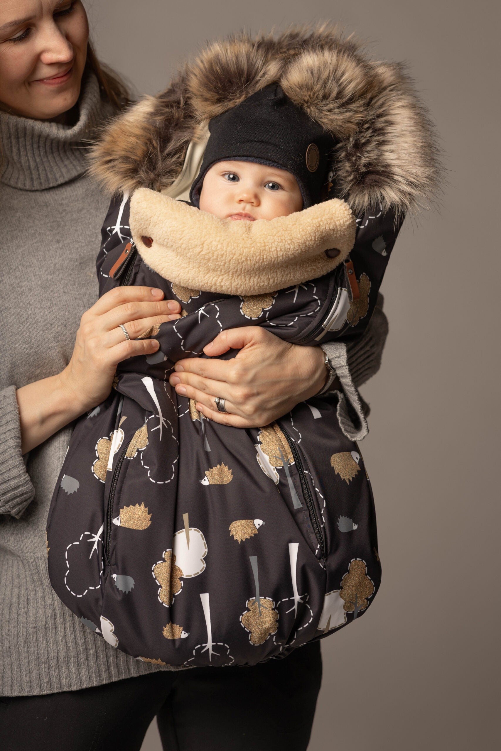 Black Merino Wool Baby Hat with Faux-Fur Pompoms