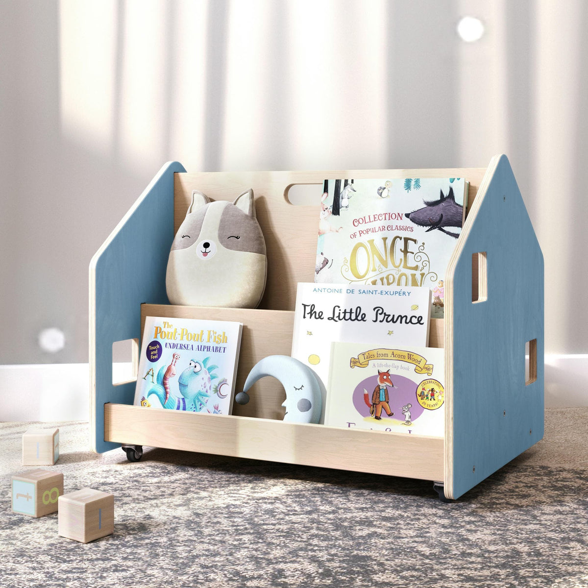Double-Sided Bookshelf on Wheels – Light Blue