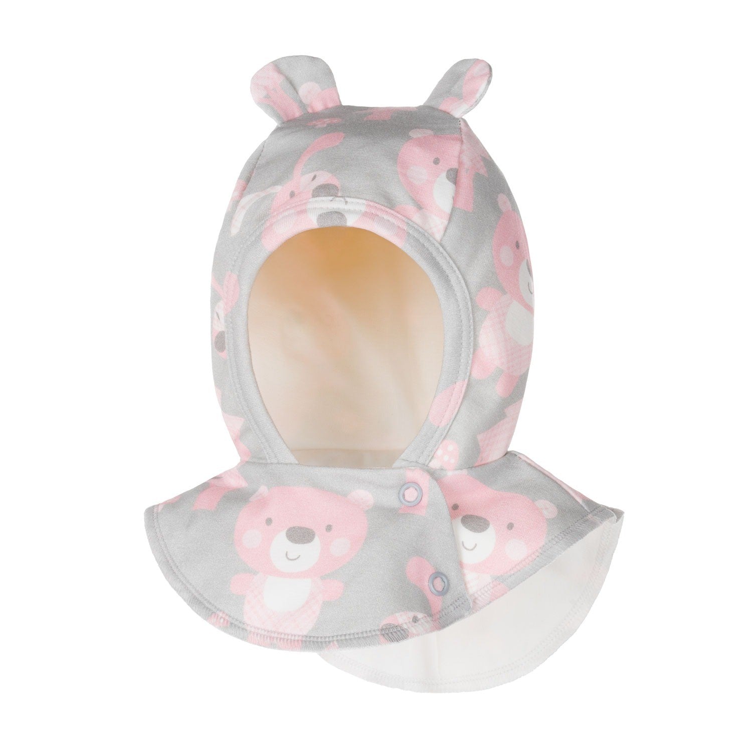 Grey and Pink Bear-Print Cotton Baby Balaclava with Ears